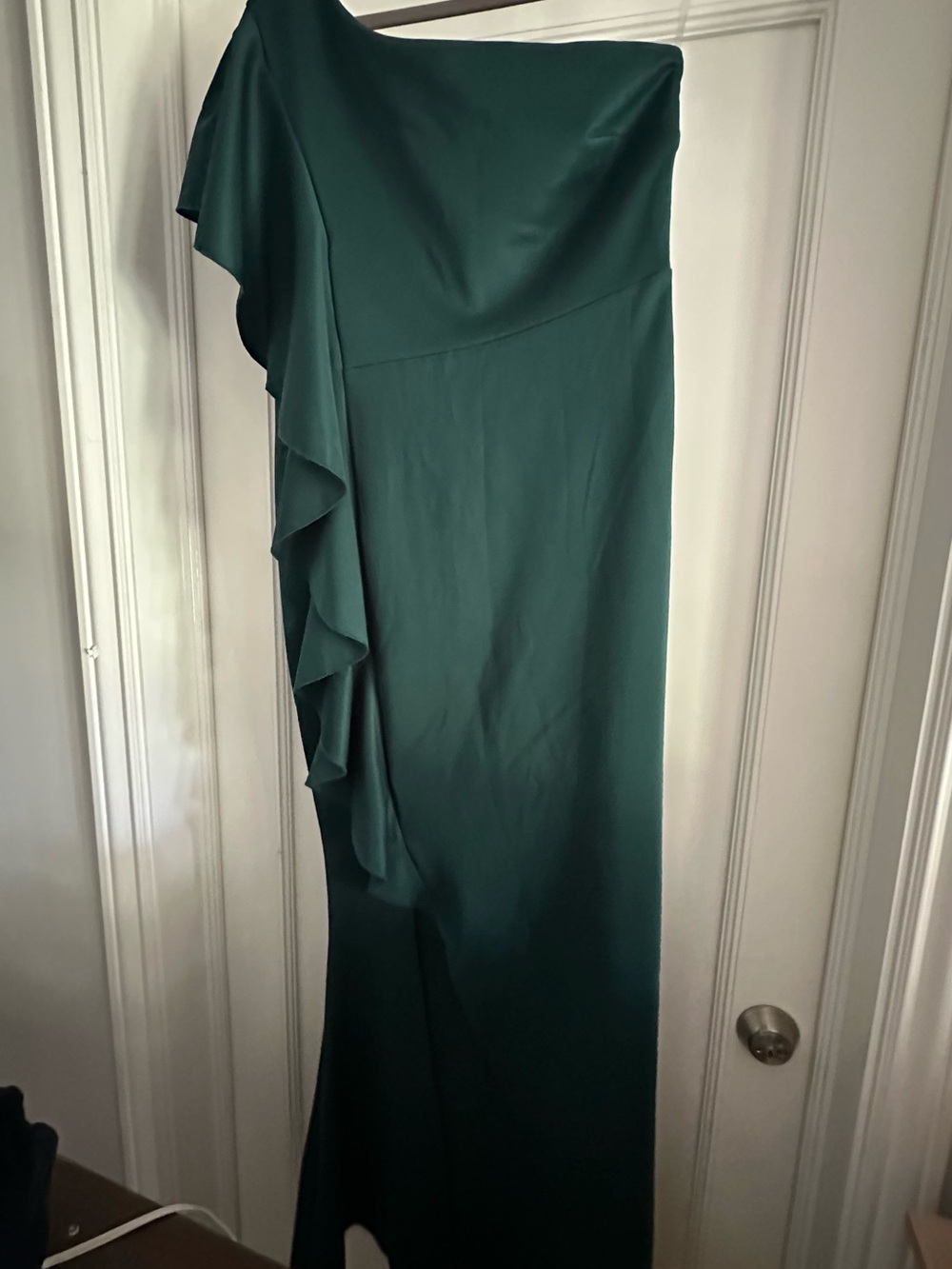 One-Shoulder Emerald Ruffle Gown